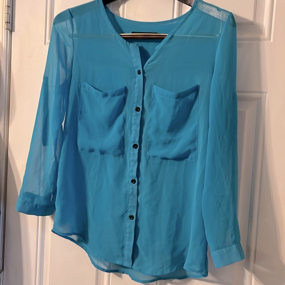Zara Basic Sheer Turquoise Convertible Sleeve But… - image 3
